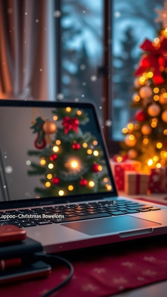 Christmas Laptop Aesthetic Background Aesthetic Christmas laptop background with a decorated tree and snowflakes.